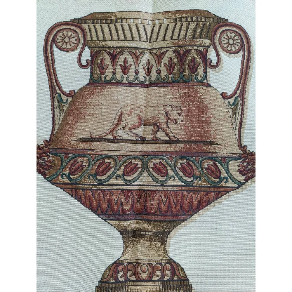 Wall Hanging Tapestry 47” Classical Urn Lioness Puma Burgundy Red Beige Gray